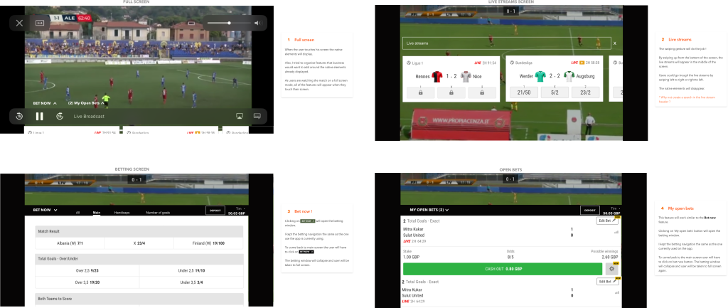 Final annotated screens showing full screen mode, live streams screen, betting screen, and open bets view with design rationale notes